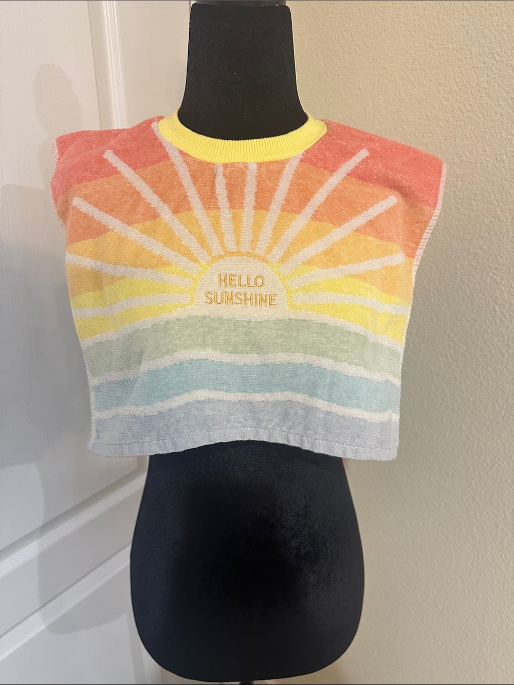 Homemade towel bib for baby/toddler. Rainbow design. HELLO SUNSHINE’ embroidery